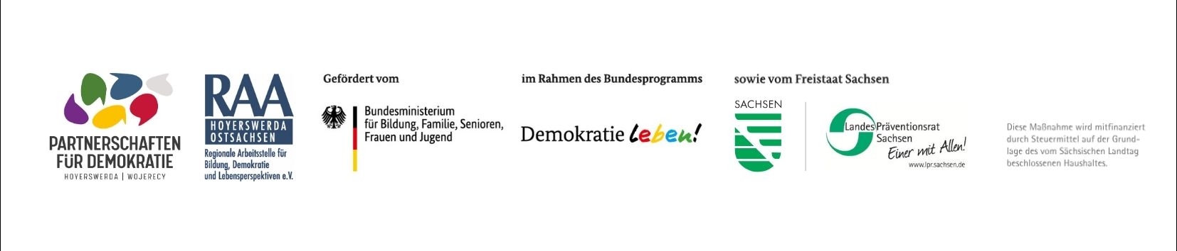 Die Logos der artnerschaft, des Trägervereins RAA und der Fördernden: BMBFSFJ und Land Sachsen mit dem Landespräventionsrat